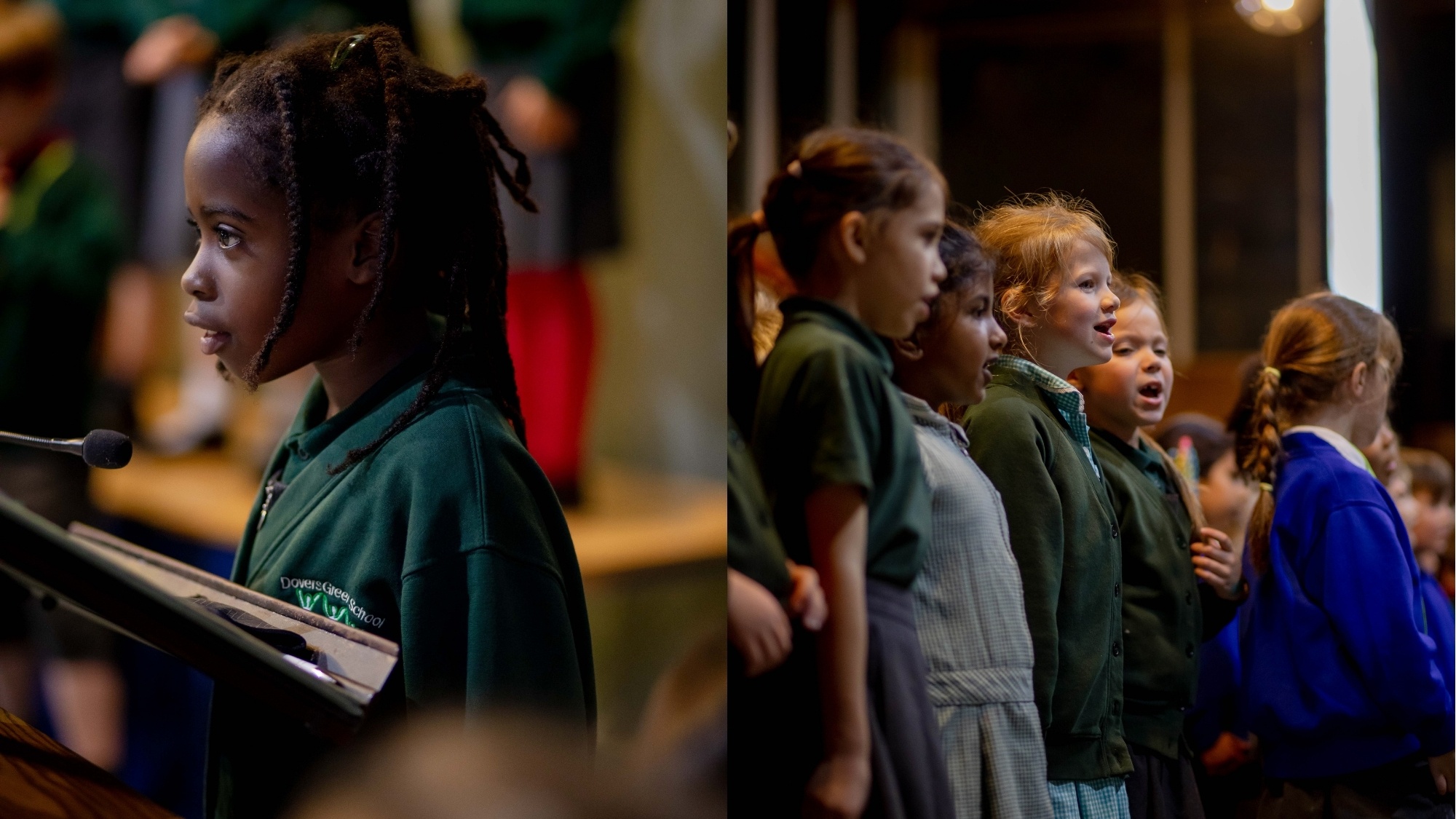 Young school children from Greensand schools singing in a group choir.