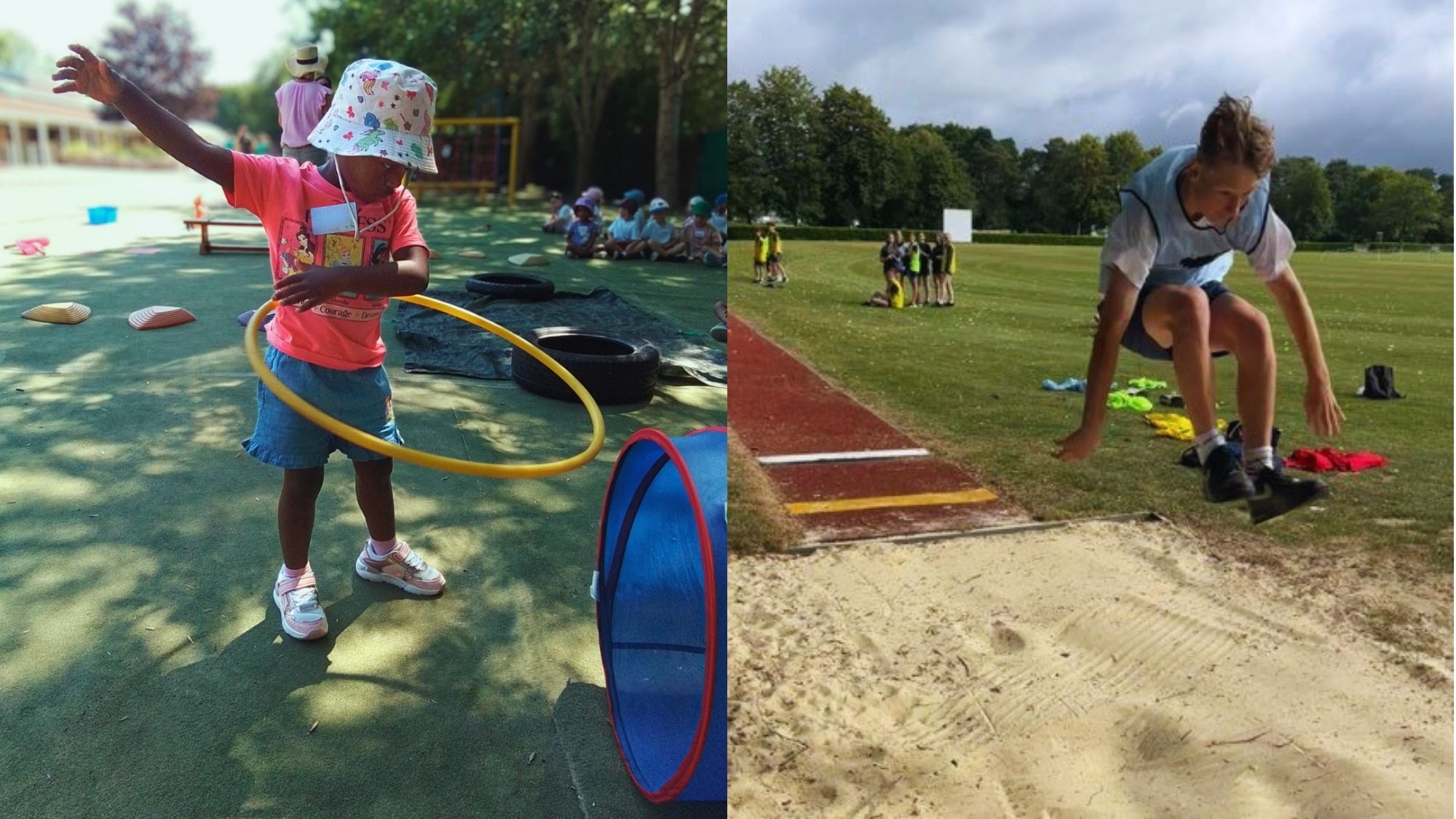 On the left is a child wearing a bucket hat using a hoola hoop. On the left is a child competing in the long jump